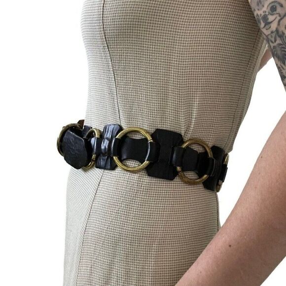 Vintage 1970s Battani Black Leather Solid Brass Buckle Hippie Festival Belt Sz L
